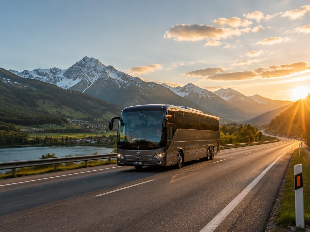 Autocar de tourisme sur une route européenne au coucher du soleil