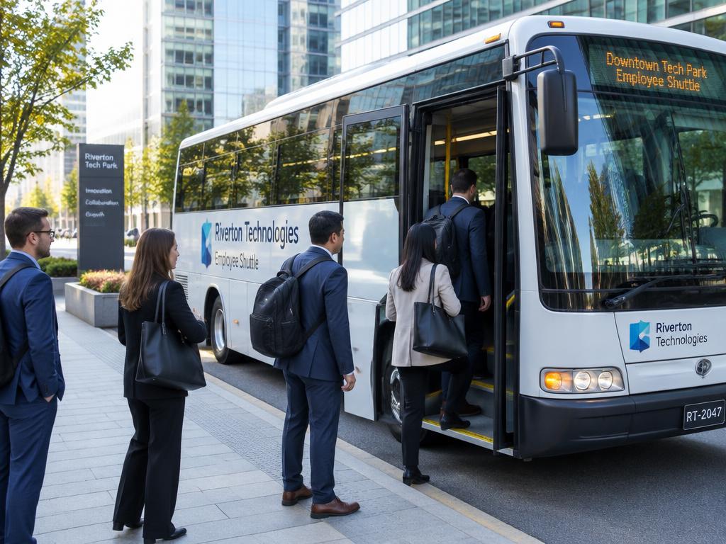 Navette d'entreprise et salariés dans un quartier d'affaires
