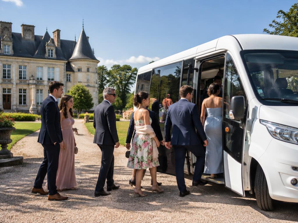 Invités de mariage montant dans un minibus devant un château